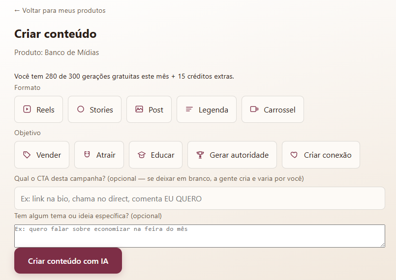 Tela de escolha de formato e objetivo pra criar conteúdo na TECA