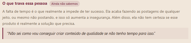 Trecho do perfil estratégico mostrando o que trava a cliente e uma frase real que ela diria